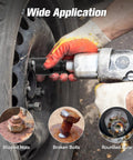 6 Piece 1/2 Inch Drive Flip Socket Set With Dual Head Lug Nut Removal Tools in use for removing rusted lug nut from wheel