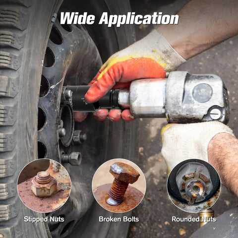6 Piece 1/2 Inch Drive Flip Socket Set With Dual Head Lug Nut Removal Tools in use for removing rusted lug nut from wheel