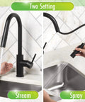 Touchless Kitchen Faucet With Pull Down Sprayer Matte Black Finish Motion Sensor High Arc Spout shown in two settings
