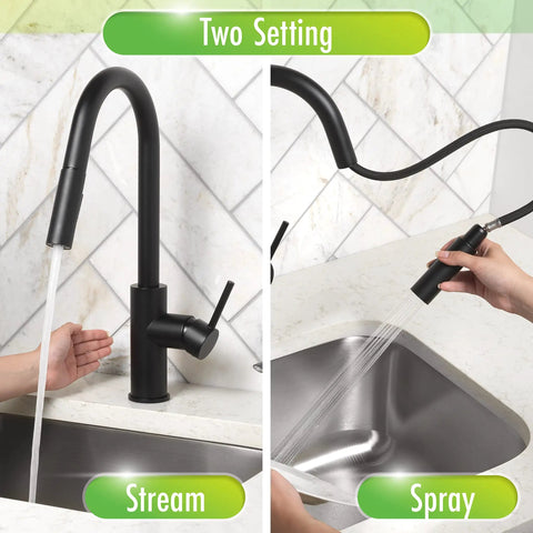 Touchless Kitchen Faucet With Pull Down Sprayer Matte Black Finish Motion Sensor High Arc Spout shown in two settings