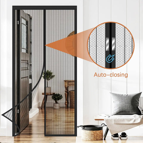 Heavy Duty Screen Door Mesh For 32x80 Inch Openings Keeps Bugs Out Hands Free For Interior Sliding Doors And Patio Black 34x82 Inch With Reinforced Edges Durable Material Easy Install And Quick Setup For Mosquito Prevention visible in interior setting with auto-closing feature highlighted