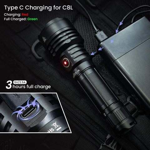 C8L Rechargeable Tactical Flashlight With 3100 Lumens charging via USB-C with indicator lights, on a black surface