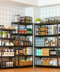 Beefy Heavy Duty Five Tier Metal Storage Shelving Unit in kitchen holding jars and boxes, 73 Inch Tall 35 Inch Long 16 Inch Wide