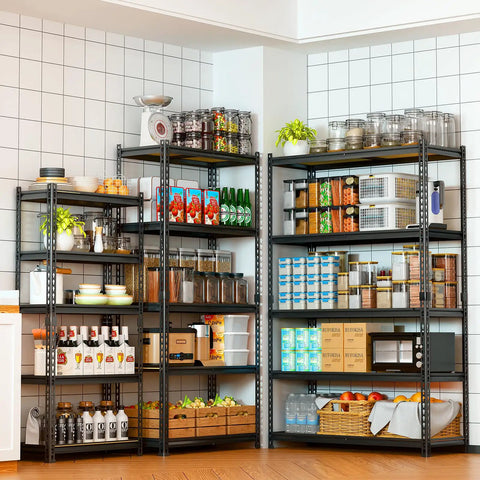 Beefy Heavy Duty Five Tier Metal Storage Shelving Unit in kitchen holding jars and boxes, 73 Inch Tall 35 Inch Long 16 Inch Wide