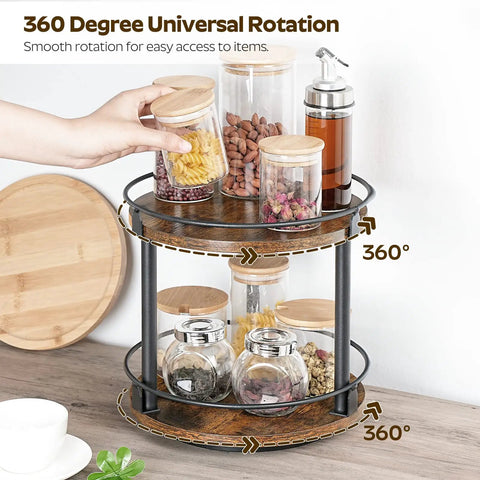 Smooth Two Tier Lazy Susan Rotating Spice Rack Brings A No Sweat Game Changer To Your Kitchen Countertop Storage Setup In A Classic Rustic Brown Wood Finish, featuring 360 degree rotation with jars.