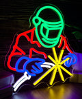 Neon Sign LED Light For Garage Wall Decor With Welding Helmet Design And Arc Spark Blue Gloves Glow Lit Bar Vibe Perfect Workshop Wall Art For Man Caves Bar And Gift For Dad Mechanic