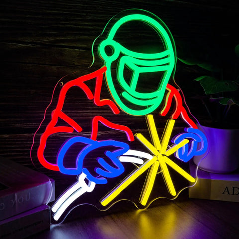 Neon Sign LED Light For Garage Wall Decor With Welding Helmet Design And Arc Spark Blue Gloves Glow Lit Bar Vibe Perfect Workshop Wall Art For Man Caves Bar And Gift For Dad Mechanic