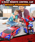 Father and son playing with One Button Transform RC Car That Switches To Rad Robotic Mode Two Point Four Ghz Remote 360 Degree Spin And Drift Police Car With Lights One Eighteen Scale Transform Toy For Boys And Girls Ages Six To Twelve