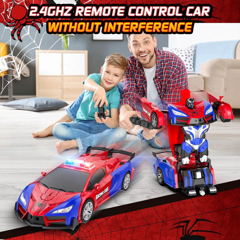 Father and son playing with One Button Transform RC Car That Switches To Rad Robotic Mode Two Point Four Ghz Remote 360 Degree Spin And Drift Police Car With Lights One Eighteen Scale Transform Toy For Boys And Girls Ages Six To Twelve