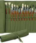 30 Slot Roll Up Paint Brush Holder, Premium Canvas Brush Organizer For Artists, Grab And Go Travel Case in army green, open with brushes