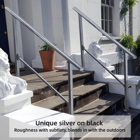 Rock Solid Two Step Handrails For Outdoor Stairs, Top Shelf Galvanized Steel Stair Guards, elegant silver finish on steps.
