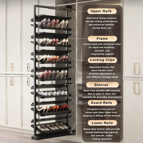 Smooth Glide Vertical Pull Out Shoe Rack For Closet And Cabinet, Sliding Under Stair Kick Locker, Tight Fit Hero For Daily Sneakers, Height Adjustable 15 Tier Telescopic System features multiple ABS shelves housing various shoe styles.