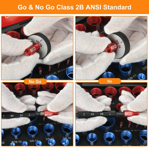 Nut and bolt thread checker set, 55 pcs with 25 metric and 30 standard gauges, red/blue anodized collars, Amazon brand.