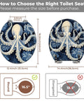 Toilet Seat Round Resin for Bathroom with octopus design, size measurements displayed, and installation instructions.