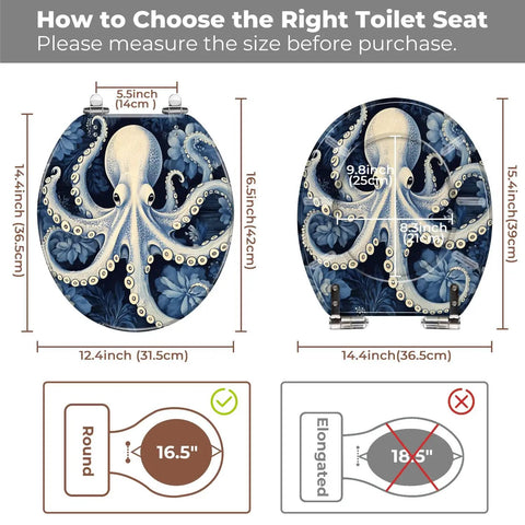 Toilet Seat Round Resin for Bathroom with octopus design, size measurements displayed, and installation instructions.