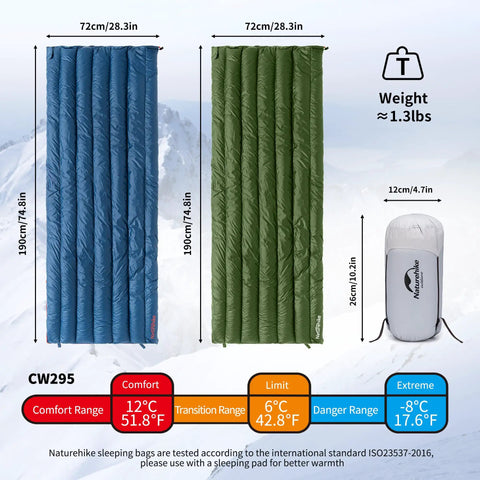Ultralight RDS Down Sleeping Bag for Adults, 650 Fill Power, 42 to 52F Comfort Range, 20oz Packable, shown compressed and unrolled.