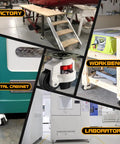 Heavy Duty Adjustable Leveling Feet Casters With Vibration Dampening Rubber Pads for Shop Equipment seen on a metal cabinet and workbench.
