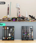 Before and after view of a Garage Pegboard Tool Organizer Free Standing Rack with 21 Pegboard Storage Hooks holding various tools.