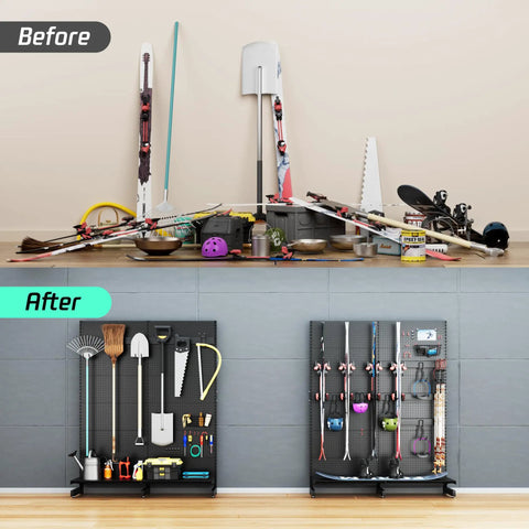 Before and after view of a Garage Pegboard Tool Organizer Free Standing Rack with 21 Pegboard Storage Hooks holding various tools.