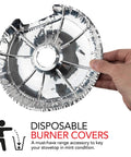 Hand holding a 6 inch disposable aluminum foil burner liner, part of Round Electric Stove Burner Covers 50 Pack 6 Inch And 8 Inch Disposable Aluminum Foil Stove Top Bib Liners To Keep Kitchen Range Clean From Oil And Food Drips Mess Free Cooking Upgrade.