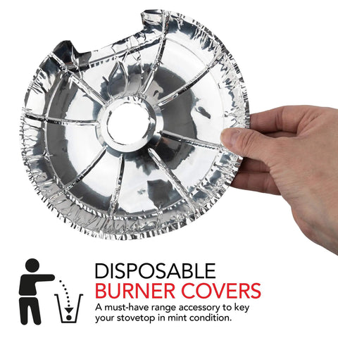 Hand holding a 6 inch disposable aluminum foil burner liner, part of Round Electric Stove Burner Covers 50 Pack 6 Inch And 8 Inch Disposable Aluminum Foil Stove Top Bib Liners To Keep Kitchen Range Clean From Oil And Food Drips Mess Free Cooking Upgrade.