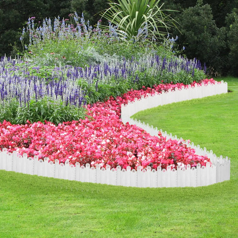 DIY White Garden Edging Borders Kit Ten Pieces Interlocking Plastic Edging Eleven Point Eight Inch Tall in flower bed