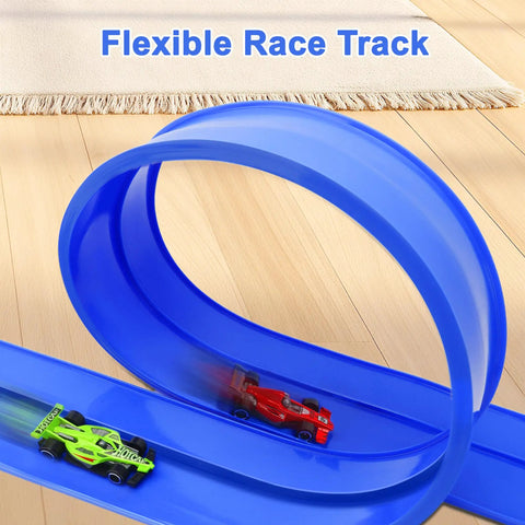 15 Ft Flexible Race Track Set With Two Lane Track And 6 Toy Cars For Kids featuring blue PVC track and toy cars on wooden floor
