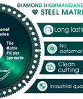 Close-up of 4.5-inch indestructible cutting disc for angle grinder; teal color; diamond high-manganese steel matrix