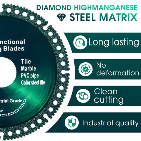 Close-up of 4.5-inch indestructible cutting disc for angle grinder; teal color; diamond high-manganese steel matrix