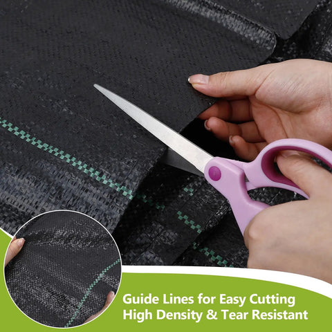 Heavy Duty Weed Barrier Landscape Fabric Pro Grade 4 Ft By 100 Ft Ground Cover For Gardening And Farming 2 Pack being cut with scissors.