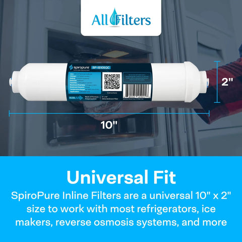 Inline Sediment Water Filter With One Quarter Inch Quick Connect For Fridges And Ice Makers Offers Slick Plug And Play Install That Knocks Out Grit Daily, 10" x 2", shown in use