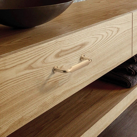 Brushed Brass Cabinet Pulls 3 Inch (76mm) For Kitchen Cabinets And Drawers, 2 Pack Heavy Duty Metal Handles on wooden drawer