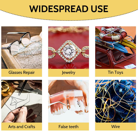 Collage displaying widespread uses of a welder: glasses repair, jewelry making, tin toys, arts and crafts, false teeth, and wire.