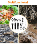 16 Piece Drain Snake Drill Attachment Heavy Duty Drain Auger Cutter Kit displayed with plant debris, roots, rocks, and muddy ground.