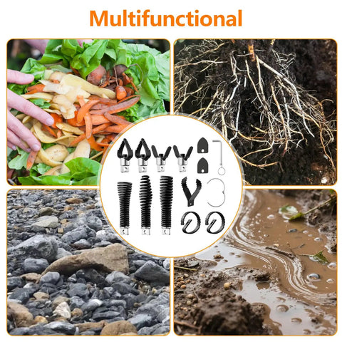16 Piece Drain Snake Drill Attachment Heavy Duty Drain Auger Cutter Kit displayed with plant debris, roots, rocks, and muddy ground.