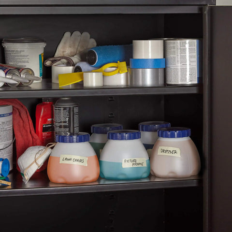 40 Ounce Replacement Container and Lid for Super Finish Max Paint Sprayer C800971 on storage shelf, labeled jars