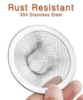 Close-up of stainless steel sink strainer showing the mesh design in the Heavy Duty Stainless Steel Sink Strainer Set Four Pack With Two Point Seven Five Inch Top Opening And One Inch Mesh Hair Catcher For Kitchen Bathroom Tub Wash Basin And Floor Drains No Fuss Easy Clean Design