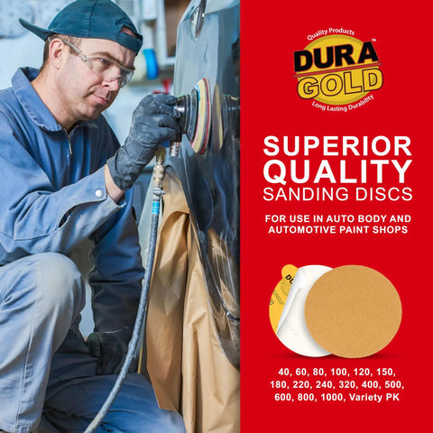Auto worker using Premium 6 Inch 80 Grit Gold PSA Sanding Discs Box Of 50 on car panel with red Dura-Gold branding