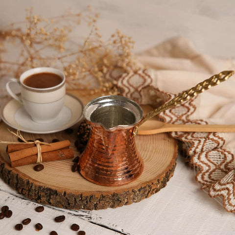 Arabic Coffee Pot Cezve Turkish Coffee Maker For 3 Cups Medium Size With Hammered Copper Exterior And Stainless Steel Interior