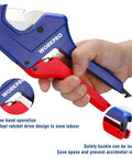 Built Tough Ratchet Pipe Cutter For PEX PVC PPR And Plastic Hoses Up To One And Five Eighths Inches With An Aluminum Die Cast Body And Sharp Stainless Steel Blades being used.