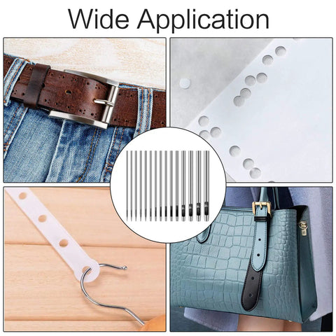 15 Piece Leather Hole Punch Kit with hollow steel punches for belts, straps, and various materials; shows application examples.