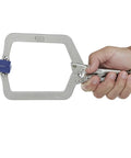 Beefy Locking C Clamp Set With Wide Opening Jaws And Guarded Quick Release Trigger, High Grade Alloy Steel Construction, 2 Piece Clamp Bundle For Securing Tapered Or Odd Shaped Work On Any Project. hand holding alloy steel clamp
