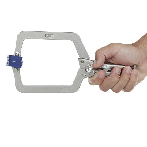 Beefy Locking C Clamp Set With Wide Opening Jaws And Guarded Quick Release Trigger, High Grade Alloy Steel Construction, 2 Piece Clamp Bundle For Securing Tapered Or Odd Shaped Work On Any Project. hand holding alloy steel clamp