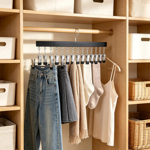 Slick Vertical Closet Organizer With Ten Heavy Duty Pant Clips For No Fuss Dorm And Apartment Storage, featuring clips holding various clothing.