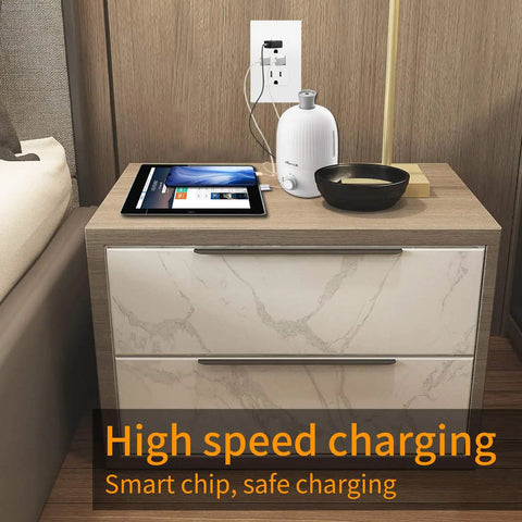 Dual USB Wall Outlet Charger 24W 4.8A Fast Charge Receptacle installed beside bed charging phone and tablet