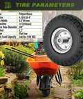 Flat Free Ten Inch Rugged Solid Rubber Wheel Set With Five Eighth Axle Bore And Two Point Two Inch Hub Offset Four Pack Of 4.10 3.50 4 Inch Wheels For Hand Trucks Wheelbarrows Garden Carts Dollies And Utility Carts Each Load Rated At 220 Lbs displayed with specifications and garden cart backdrop