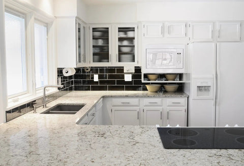 Modern kitchen with white cabinets featuring Half Inch Overlay Brushed Nickel Cabinet Hinges 10 Pack Soft-Close Semi-Wrap Face Frame Hinges.