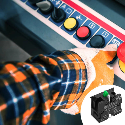 Person using control panel with Rugged Heavy Duty Momentary Push Button Switch With NO NC Contacts, 10A 600V, in background.