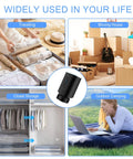 Portable cordless rechargeable vacuum pump for storage bags; black compact device for travel, moving, closet storage.