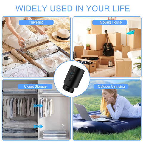 Portable cordless rechargeable vacuum pump for storage bags; black compact device for travel, moving, closet storage.